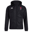 The University of Oklahoma Women Club Vaposhield Full Zip Rain Jacket by EMB Canterbury features a black hood, water-resistant VapoShield technology, zipper closure, and displays the Canterbury logo on the right chest with a "Rugby Club" logo on the left.