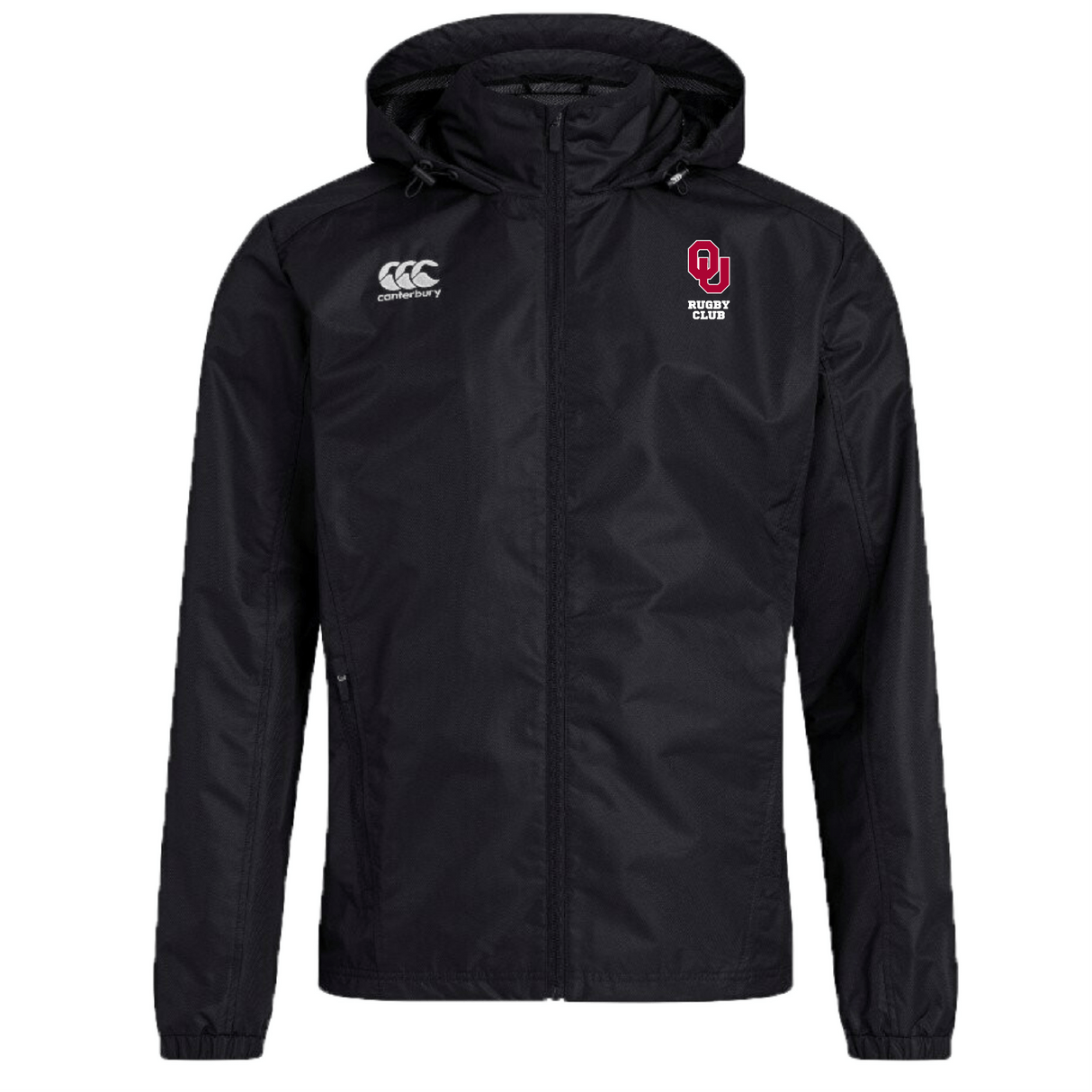 The University of Oklahoma Women Club Vaposhield Full Zip Rain Jacket by EMB Canterbury features a black hood, water-resistant VapoShield technology, zipper closure, and displays the Canterbury logo on the right chest with a "Rugby Club" logo on the left.