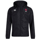 The University of Oklahoma Women Club Vaposhield Full Zip Rain Jacket by EMB Canterbury features a black hood, water-resistant VapoShield technology, zipper closure, and displays the Canterbury logo on the right chest with a "Rugby Club" logo on the left.