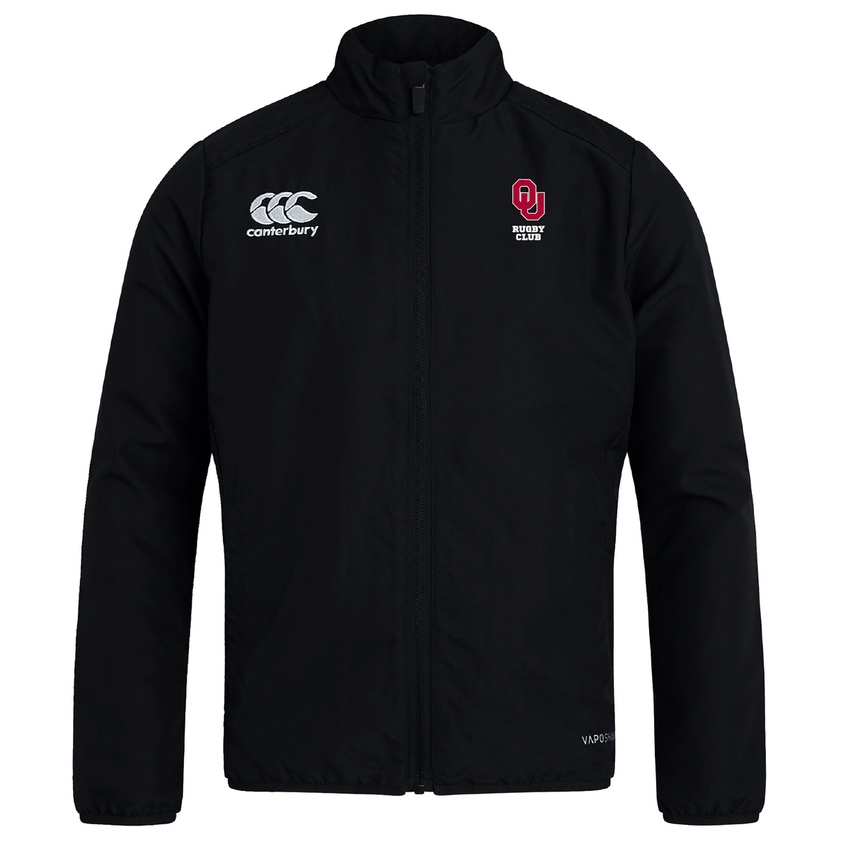 The University of Oklahoma Women Club Track Jacket by EMB Canterbury is a lightweight black jacket featuring the Canterbury logo on the left and "Rugby Club" emblem on the right. It has a front zip closure, long sleeves, and water-repellent fabric, combining style and function perfectly.