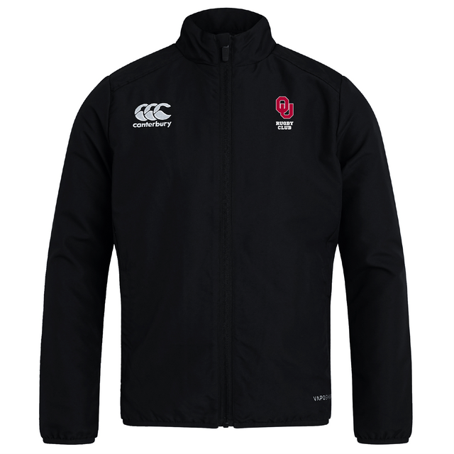 The University of Oklahoma Women Club Track Jacket by EMB Canterbury is a lightweight black jacket featuring the Canterbury logo on the left and "Rugby Club" emblem on the right. It has a front zip closure, long sleeves, and water-repellent fabric, combining style and function perfectly.