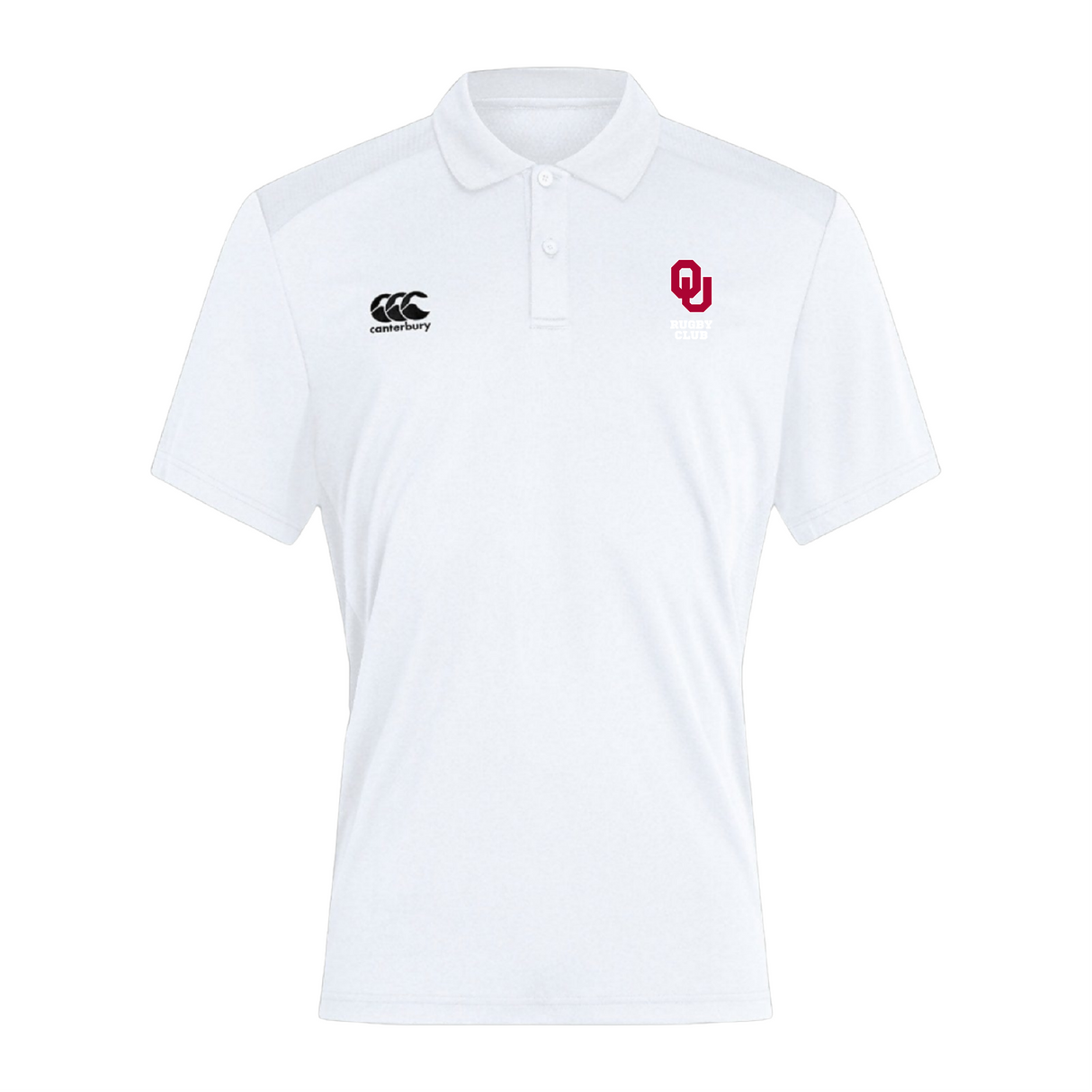 The EMB Canterbury University of Oklahoma Women Club Dry Polo showcases the Canterbury logo on the left and a red "OU" emblem on the right. Made with breathable Vapodri Technology, it offers both comfort and style, making it an ideal wardrobe addition.