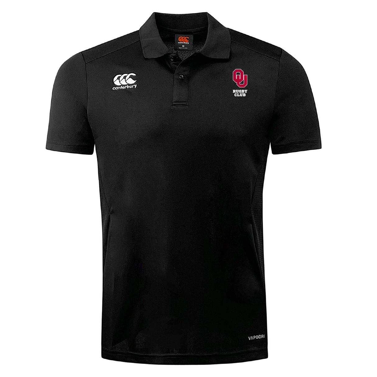 The black University of Oklahoma Women Club Dry Polo by EMB Canterbury showcases Vapodri Technology for breathability and comfort. It features a logo with two stylized Cs above "Rugby Club" text underneath a red emblem, ensuring style on or off the field.