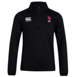 The University of Oklahoma Women Club 1/4 Zip Mid Layer Training Top by EMB Canterbury is a black fleece top featuring "Canterbury" and their logo on the left, with "Rugby Club" text and a logo on the right, offering comfort and style.