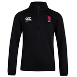 The University of Oklahoma Women Club 1/4 Zip Mid Layer Training Top by EMB Canterbury is a black fleece top featuring "Canterbury" and their logo on the left, with "Rugby Club" text and a logo on the right, offering comfort and style.