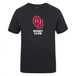 The University of Oklahoma Women Club Plain Tee by WRS Canterbury is a black cotton blend T-shirt with a prominent "OU Rugby Club" logo in vibrant red and white on the front.