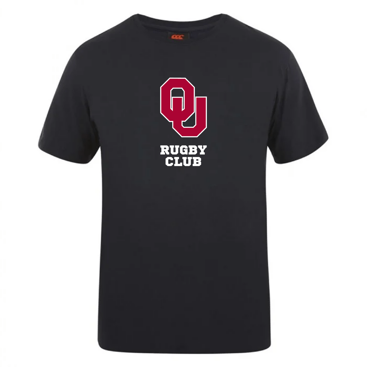 The University of Oklahoma Women Club Plain Tee by WRS Canterbury is a black cotton blend T-shirt with a prominent "OU Rugby Club" logo in vibrant red and white on the front.