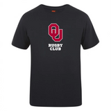 The University of Oklahoma Women Club Plain Tee by WRS Canterbury is a black cotton blend T-shirt with a prominent "OU Rugby Club" logo in vibrant red and white on the front.