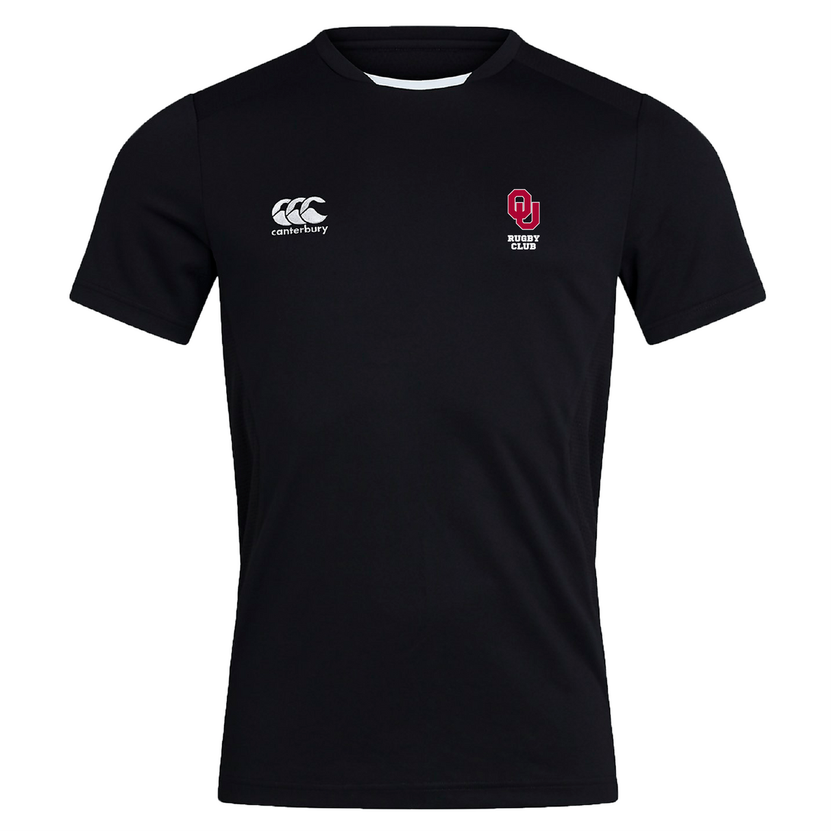 The University of Oklahoma Women's Club Dry Tee by EMB Canterbury showcases the Canterbury and AJ Rugby Club logos. Designed with Vapodri Technology, this black rugby jersey ensures breathability and a quick-drying experience.
