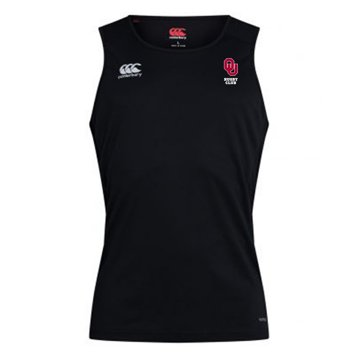The University of Oklahoma Women Club Dry Singlet by EMB Canterbury is a black sleeveless sports top with Vapodri Technology. It features the Canterbury logo on the right chest and a red and white shield with "OU Rugby Club" text on the left, perfect for athletic gear enthusiasts.