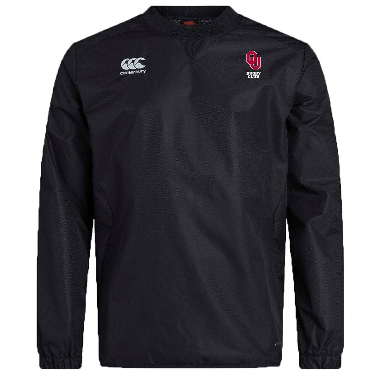 The University of Oklahoma Women Club Vaposhield Contact Top by EMB Canterbury is a black long-sleeve rugby training top made from durable Micro Diamond ripstop fabric, featuring the Canterbury logo on the right and a rugby club emblem on the left.
