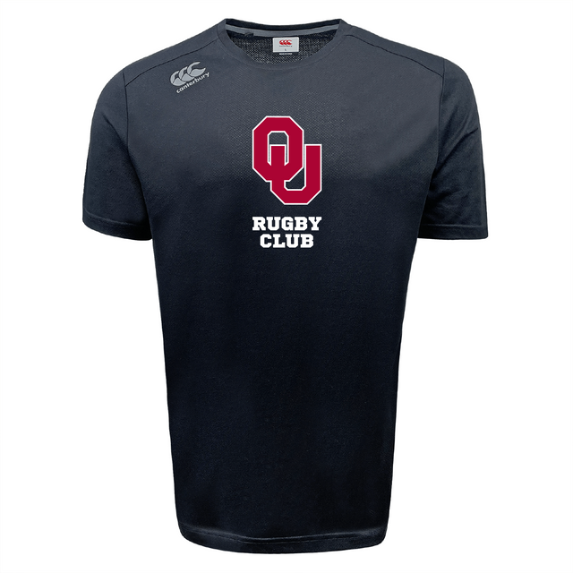 Black University of Oklahoma Women Tempo T-shirt by WRS Canterbury, featuring a central red and white "OU Rugby Club" logo, Canterbury branding on the shoulder, and VapoDri technology for moisture-wicking comfort.