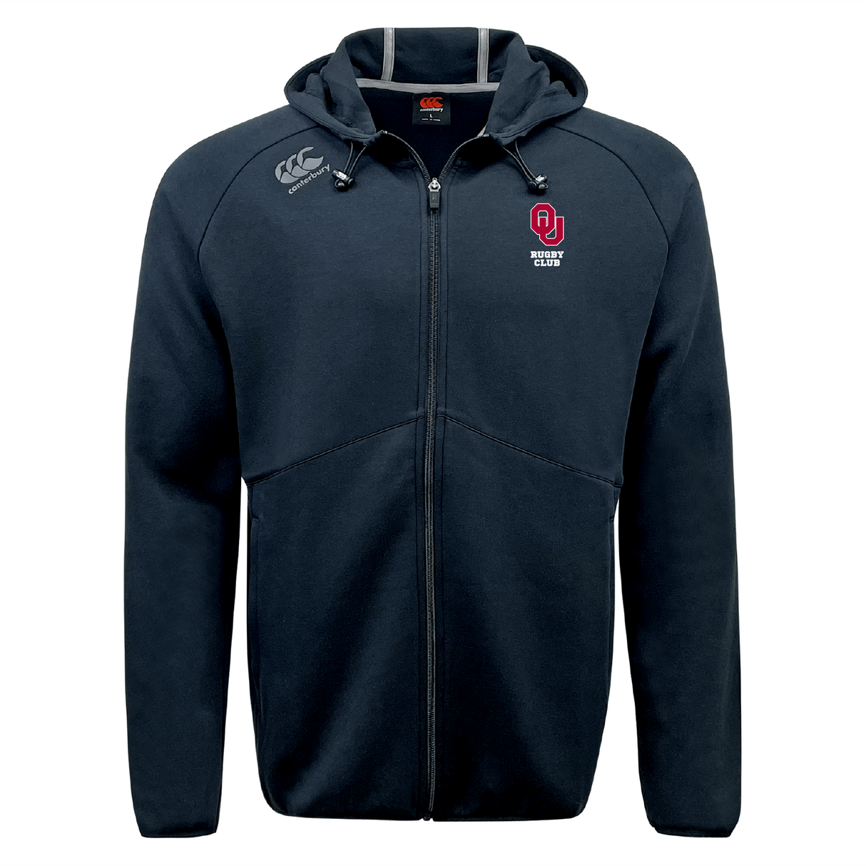 The University of Oklahoma Women Tempo Vapodri Full-Zip Hoodie by Canterbury is a navy blue CCC VapoDri hoodie with drawstrings, featuring moisture-wicking technology. It displays EMB Canterbury branding with a logo and text on the chest and a small logo on the shoulder.