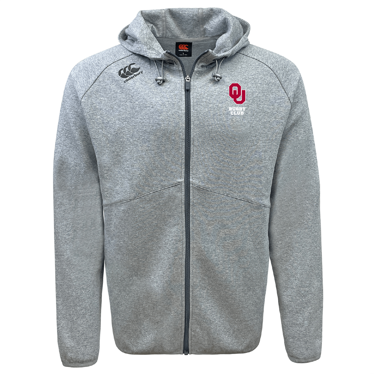 The University of Oklahoma Women Tempo Vapodri Full-Zip Hoodie by EMB Canterbury features moisture-wicking fabric, a gray hooded jacket with a zipper, Canterbury branding with an embroidered red logo on the left chest, a small white logo on the right, plus drawstrings and ribbed cuffs.
