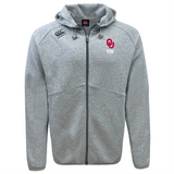 The University of Oklahoma Women Tempo Vapodri Full-Zip Hoodie by EMB Canterbury features moisture-wicking fabric, a gray hooded jacket with a zipper, Canterbury branding with an embroidered red logo on the left chest, a small white logo on the right, plus drawstrings and ribbed cuffs.