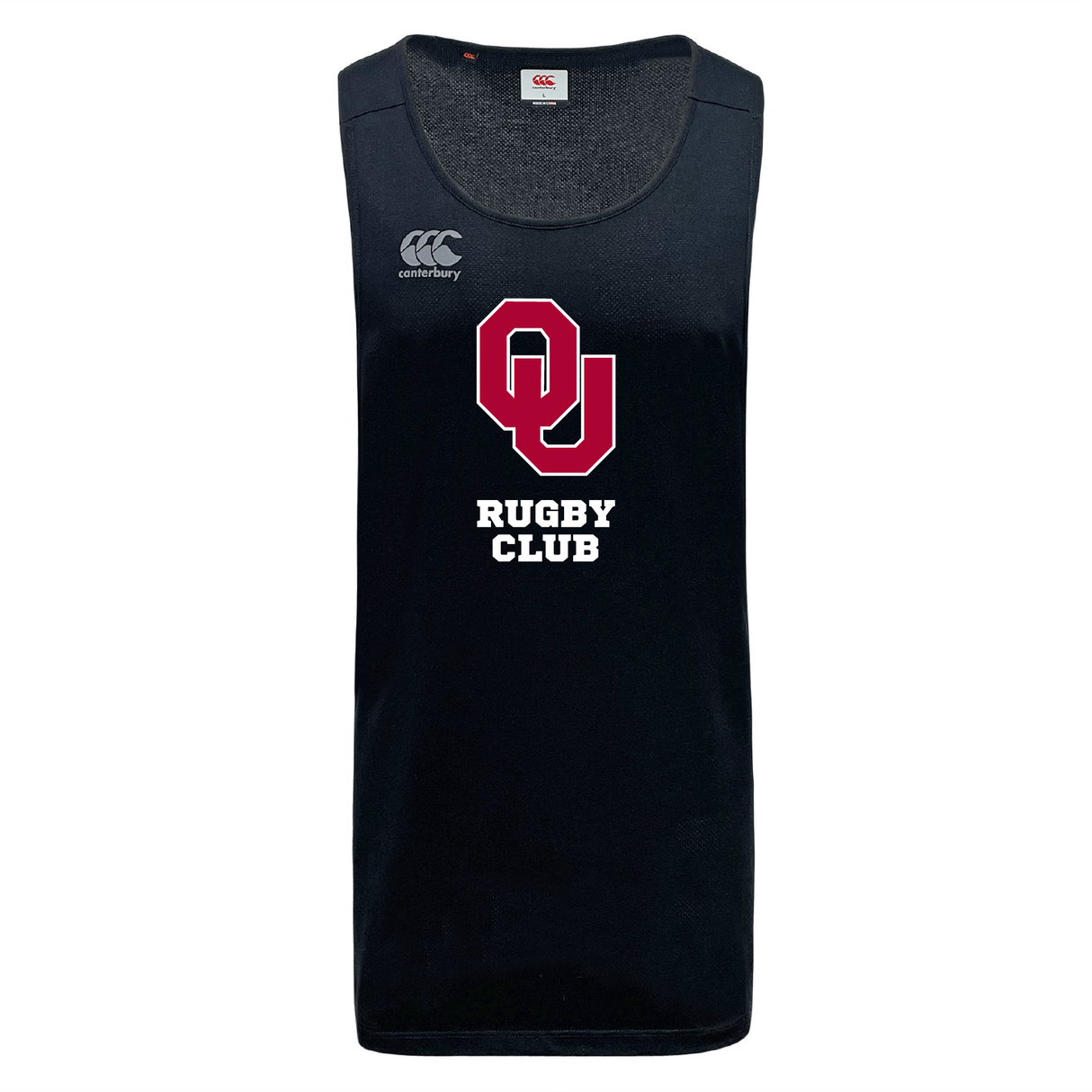 The University of Oklahoma Women Tempo Vapodri Singlet by WRS Canterbury features "OU Rugby Club" in red and white on the front, a Canterbury logo on the upper left, and is crafted from recycled polyester with VapoDri technology to keep you cool and dry.