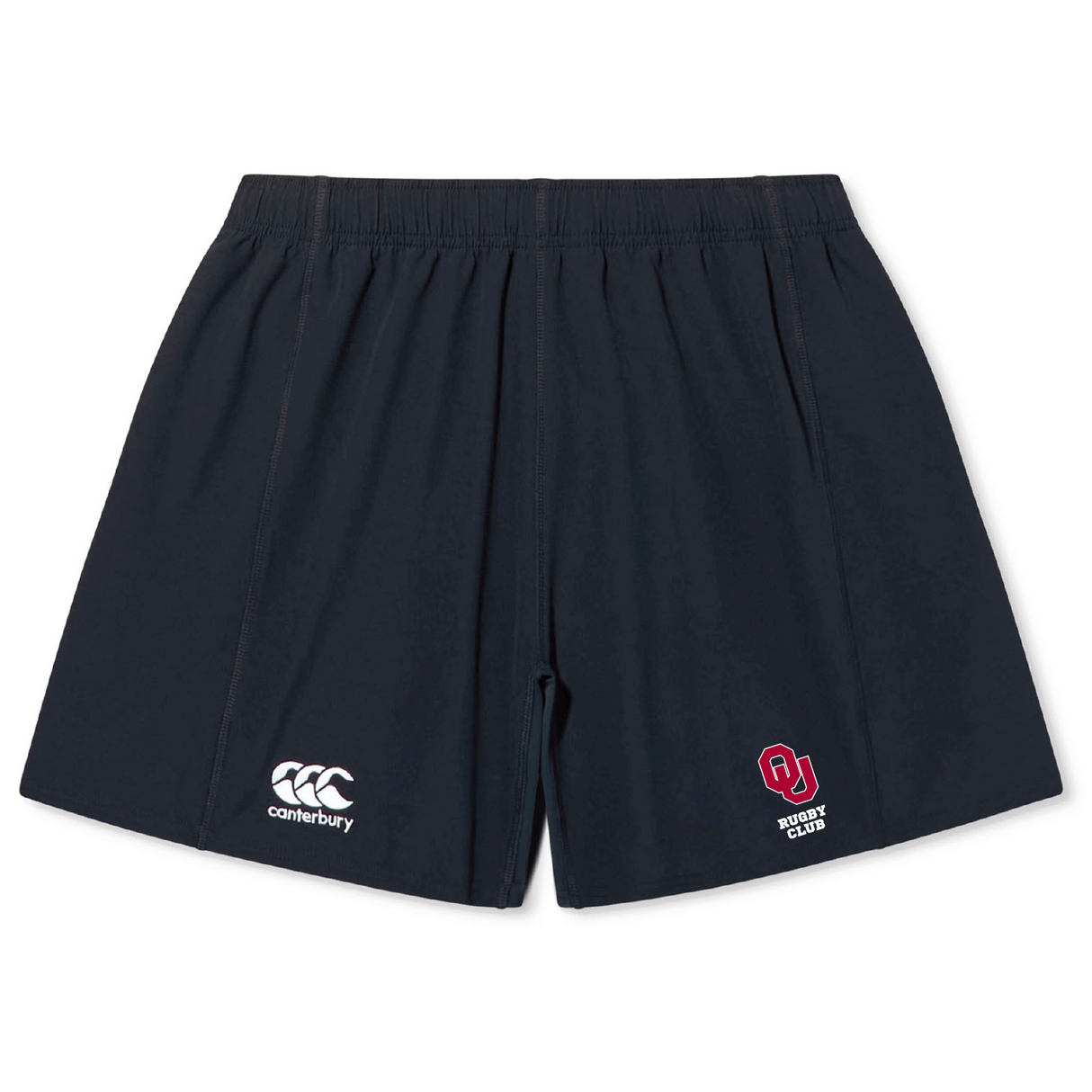 These black University of Oklahoma Women Yokohama Shorts by EMB Canterbury showcase the Canterbury logo on the left and a vibrant red "OU Rugby Club" logo on the right, crafted from lightweight durable fabric perfect for rugby players.