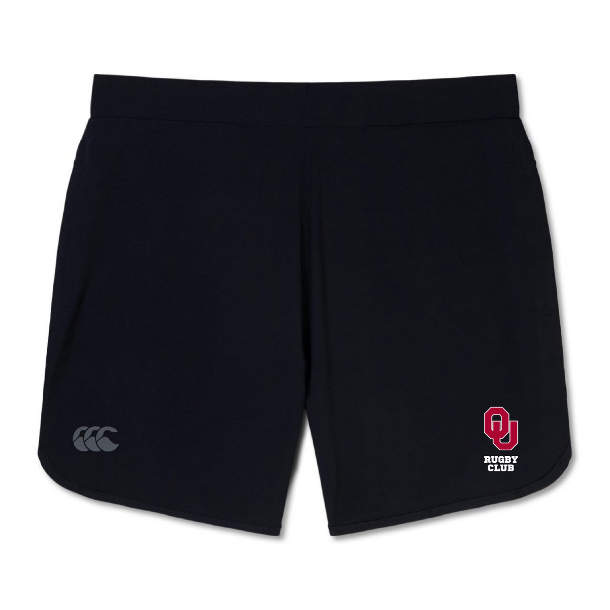 The University of Oklahoma Women Elite Woven Short by EMB Canterbury features an "OU Rugby Club" logo on the right leg and a small emblem on the left. Designed for lightweight comfort and durability, they offer an adaptive fit ideal for performance and everyday wear.