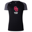 The WRS Canterbury University of Oklahoma Women's Elite Training Tee is a black short-sleeved shirt with dark gray shoulders, made from Vapodri lightweight recycled polyester and featuring a red "OU Rugby Club" logo on the chest.
