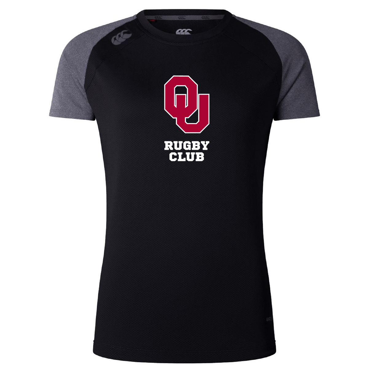 The WRS Canterbury University of Oklahoma Women's Elite Training Tee is a black short-sleeved shirt with dark gray shoulders, made from Vapodri lightweight recycled polyester and featuring a red "OU Rugby Club" logo on the chest.