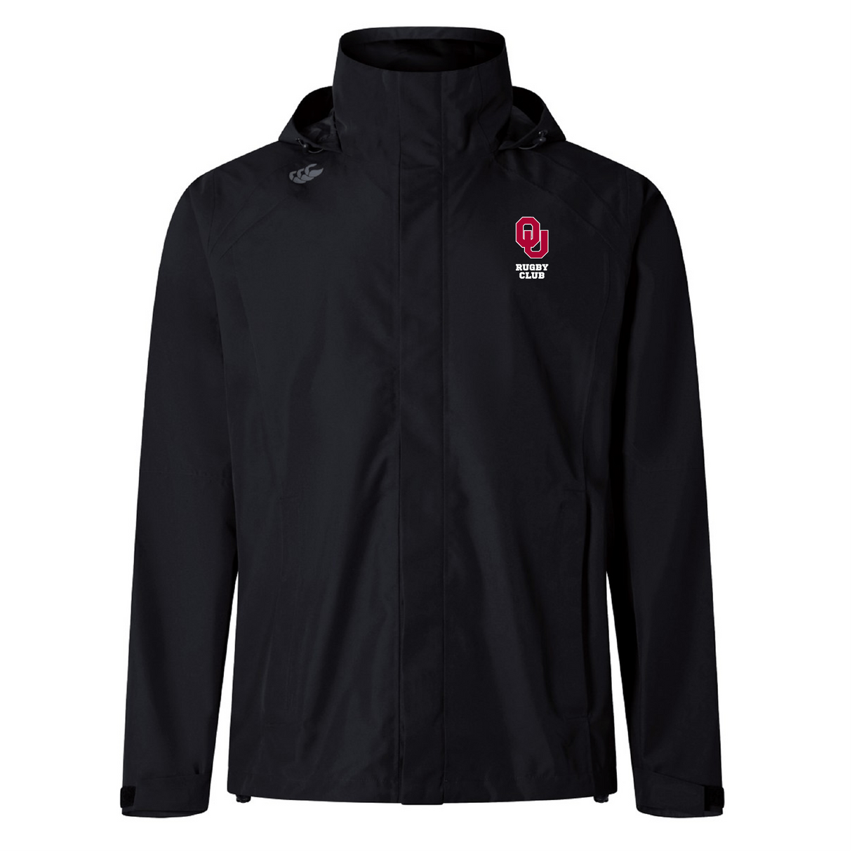 The University of Oklahoma Women Elite Storm Jacket by EMB Canterbury is a black hooded jacket featuring the "OU Wrestling Club" logo on the left chest and Vaposhield technology for enhanced breathability.
