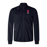 The EMB Canterbury University of Oklahoma Women Elite Windstopper Jacket features a black zip-up design with a high collar, "OU History Club" logo on the left chest, and an emblem on the right shoulder, offering weatherproof softshell style in custom sportswear elegance.