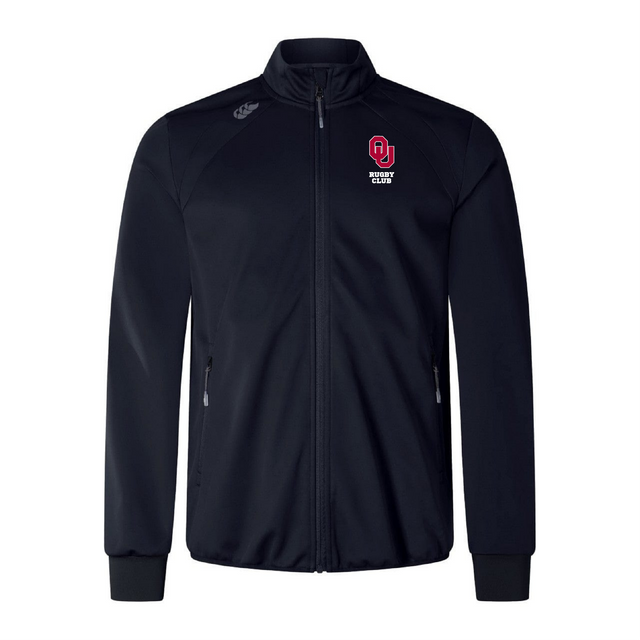 The EMB Canterbury University of Oklahoma Women Elite Windstopper Jacket features a black zip-up design with a high collar, "OU History Club" logo on the left chest, and an emblem on the right shoulder, offering weatherproof softshell style in custom sportswear elegance.