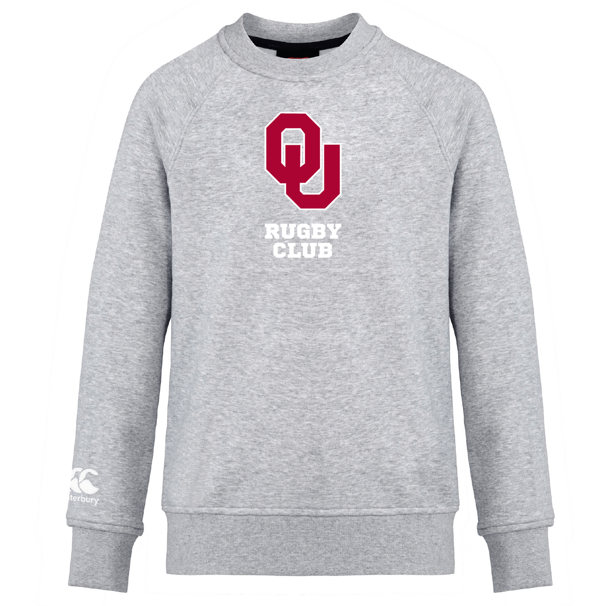 The University of Oklahoma Women Club Crew Sweatshirt by WRS Canterbury is a gray ultra-soft top with "OU Rugby Club" in bold red and white text on the front, plus an embroidered CCC logo for classic style.