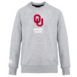 The University of Oklahoma Women Club Crew Sweatshirt by WRS Canterbury is a gray ultra-soft top with "OU Rugby Club" in bold red and white text on the front, plus an embroidered CCC logo for classic style.