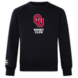 The University of Oklahoma Women's Club Crew Sweatshirt by WRS Canterbury is a black sweatshirt with "OU Rugby Club" in maroon and white on the front and an embroidered CCC logo on the right sleeve cuff, offering ultra-soft comfort and style.