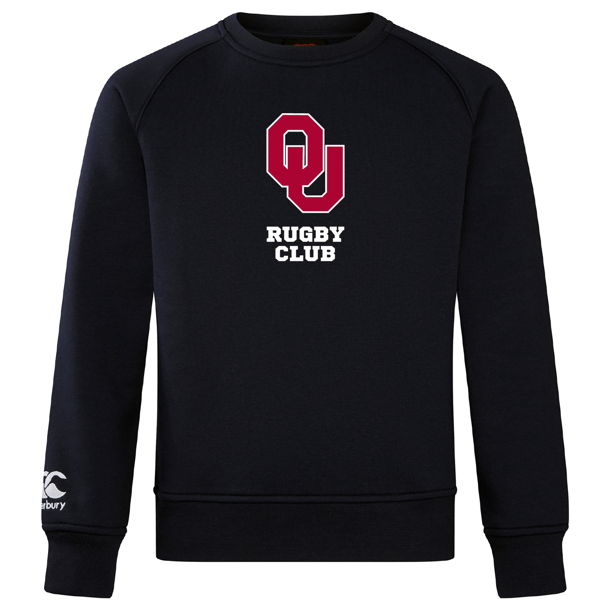 The University of Oklahoma Women's Club Crew Sweatshirt by WRS Canterbury is a black sweatshirt with "OU Rugby Club" in maroon and white on the front and an embroidered CCC logo on the right sleeve cuff, offering ultra-soft comfort and style.