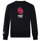 The University of Oklahoma Women's Club Crew Sweatshirt by WRS Canterbury is a black sweatshirt with "OU Rugby Club" in maroon and white on the front and an embroidered CCC logo on the right sleeve cuff, offering ultra-soft comfort and style.