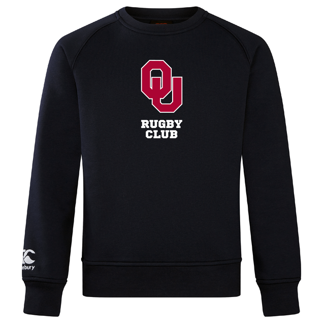 The University of Oklahoma Women's Club Crew Sweatshirt by WRS Canterbury is a black sweatshirt with "OU Rugby Club" in maroon and white on the front and an embroidered CCC logo on the right sleeve cuff, offering ultra-soft comfort and style.