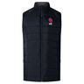 The University of Oklahoma Women's Elite Microlite Gilet by EMB Canterbury is a black sleeveless puffer vest with insulated baffles for warmth, featuring a zipper and an embroidered red and white "Rugby Club" emblem on the chest.