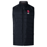 The University of Oklahoma Women Elite Microlite Gilet by EMB Canterbury is a black quilted gilet with a high collar, featuring insulated baffles and an embroidered red and white "OU Rugby Club" logo on the left chest.