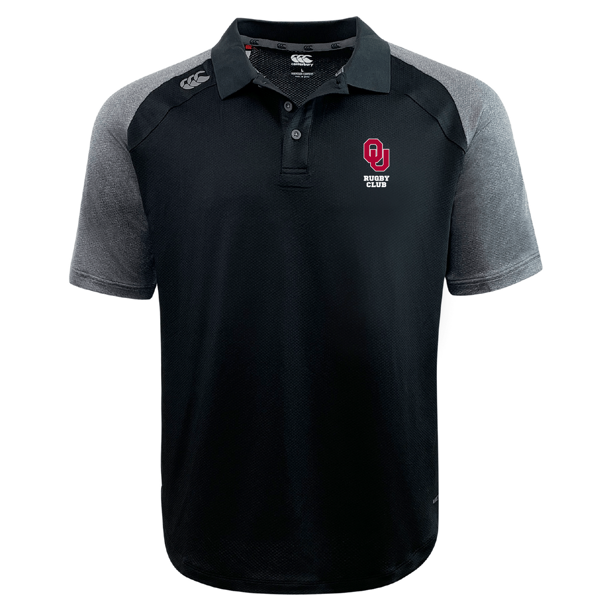 The University of Oklahoma Women Elite Polo by EMB Canterbury is crafted with lightweight, durable Vapodri fabrics, featuring gray sleeves and a prominent red "OU Rugby Club" logo on the chest.