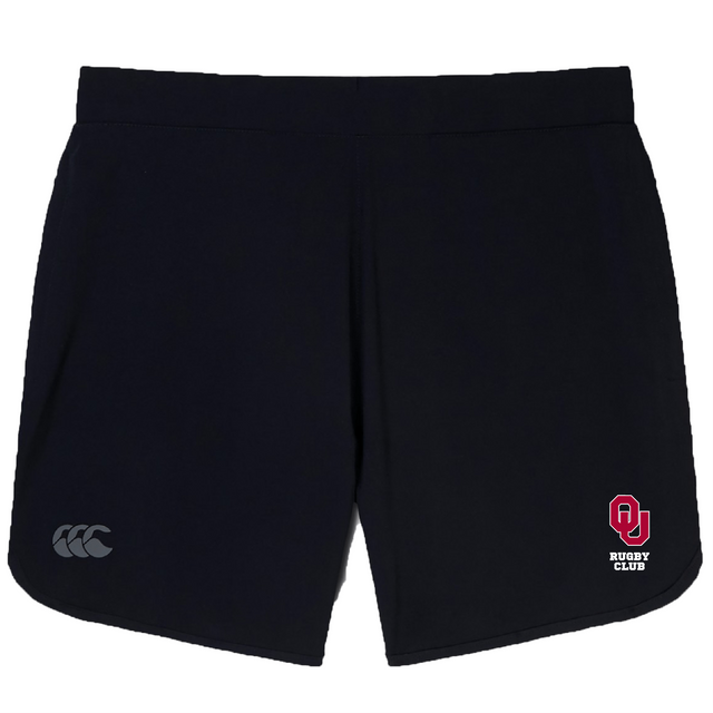 The University of Oklahoma Women's Elite Woven Shorts by Canterbury, featuring the "OU Rugby Club" logo and a Canterbury emblem on the left leg, blend style with functionality. Ideal for training or relaxation, they’re your go-to choice for on-field action and off-field comfort.