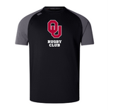 The University of Oklahoma Women Elite Training Tee by WRS Canterbury features a black and gray rugby design with "OU Rugby Club" on the front, crafted from Vapodri fabric for comfort. A striking red logo adds style and performance.