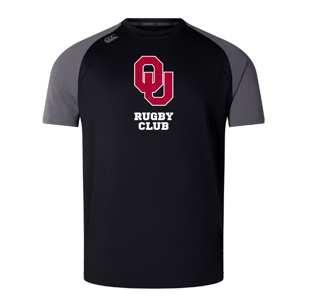 The University of Oklahoma Women Elite Training Tee by WRS Canterbury features a black and gray rugby design with "OU Rugby Club" on the front, crafted from Vapodri fabric for comfort. A striking red logo adds style and performance.