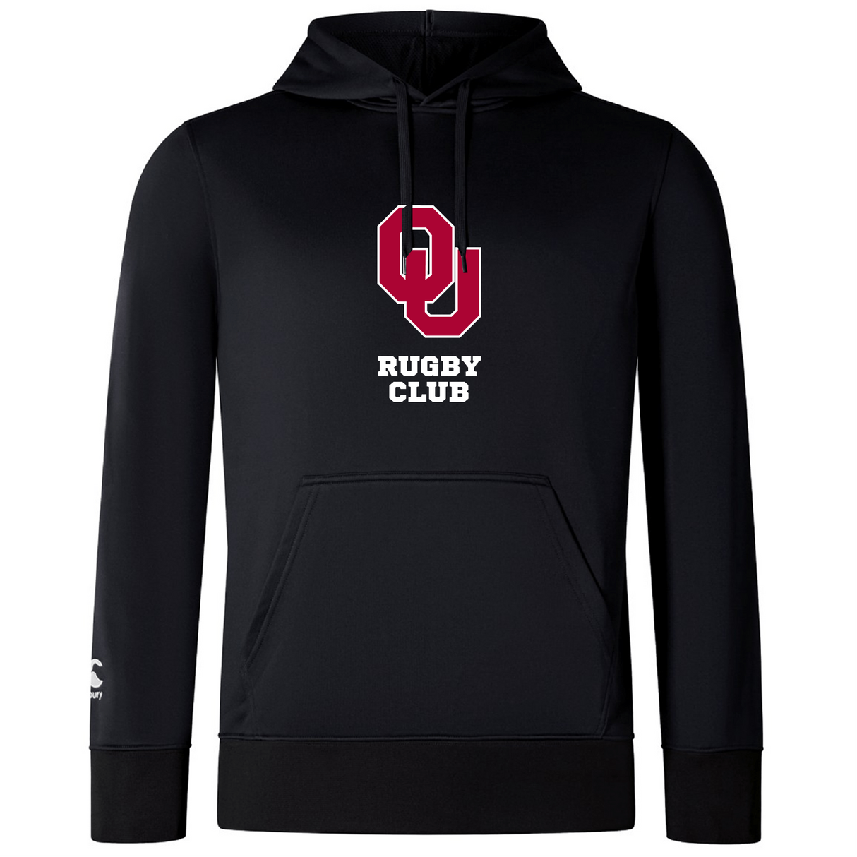 The University of Oklahoma Women Club Lightweight Hoodie by WRS Canterbury is a black hoodie with a red "OU" logo and "Rugby Club" text, featuring a kangaroo pocket.