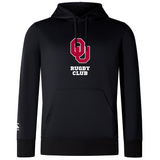 The University of Oklahoma Women Club Lightweight Hoodie by WRS Canterbury is a black hoodie with a red "OU" logo and "Rugby Club" text, featuring a kangaroo pocket.