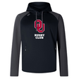 Introducing the University of Oklahoma Women's Elite Training Hoody by WRS Canterbury—this black and gray hoodie features a "Rugby Club" logo with a red and white emblem. Made with lower impact materials, it offers top performance and comfort for all athletic pursuits.