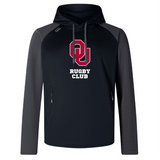 Introducing the University of Oklahoma Women's Elite Training Hoody by WRS Canterbury—this black and gray hoodie features a "Rugby Club" logo with a red and white emblem. Made with lower impact materials, it offers top performance and comfort for all athletic pursuits.