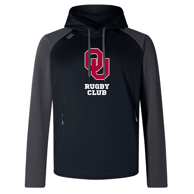 Introducing the University of Oklahoma Women's Elite Training Hoody by WRS Canterbury—this black and gray hoodie features a "Rugby Club" logo with a red and white emblem. Made with lower impact materials, it offers top performance and comfort for all athletic pursuits.