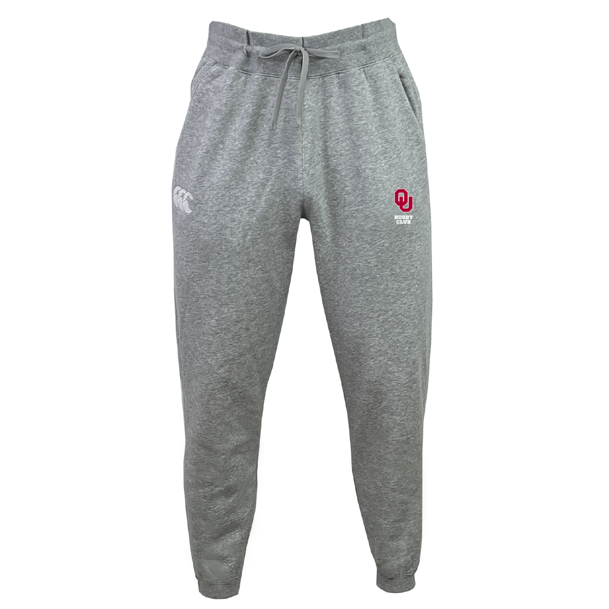 University of Oklahoma Women Leisure Sweatpant by EMB Canterbury in gray, made with organic cotton and a drawstring waist, featuring a white logo on the left thigh and a red logo on the right thigh.