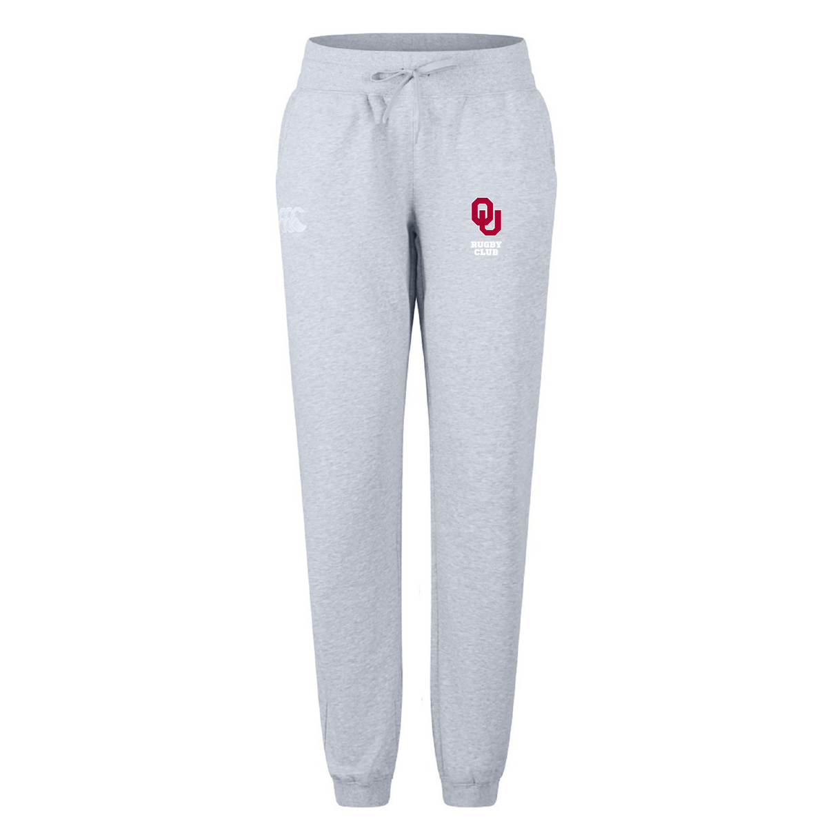 The University of Oklahoma Women's Leisure Sweatpant by EMB Canterbury features a drawstring waist, iconic "OU" logo on the left thigh, and is made from soft organic cotton. These gray sweatpants offer comfort and style.