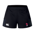 The University of Oklahoma Women Women’s Advantage Short 2.0 by Canterbury, in black, has a white logo on the left and a red "OU Rugby Club" emblem on the right. Made from recycled materials, they offer enhanced performance and eco-friendly style for athletes.