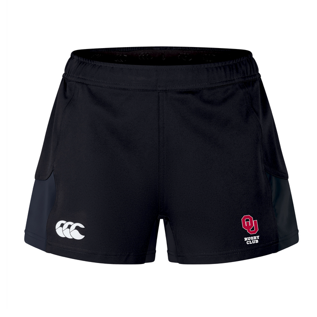 The University of Oklahoma Women Women’s Advantage Short 2.0 by Canterbury, in black, has a white logo on the left and a red "OU Rugby Club" emblem on the right. Made from recycled materials, they offer enhanced performance and eco-friendly style for athletes.