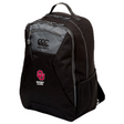 The EMB Canterbury University of Oklahoma Women's Medium Backpack is crafted from durable polyester in black and gray with a "Rugby Club" emblem and "OU" logo. It features a handle, mesh side pocket, and offers water-repellent protection.
