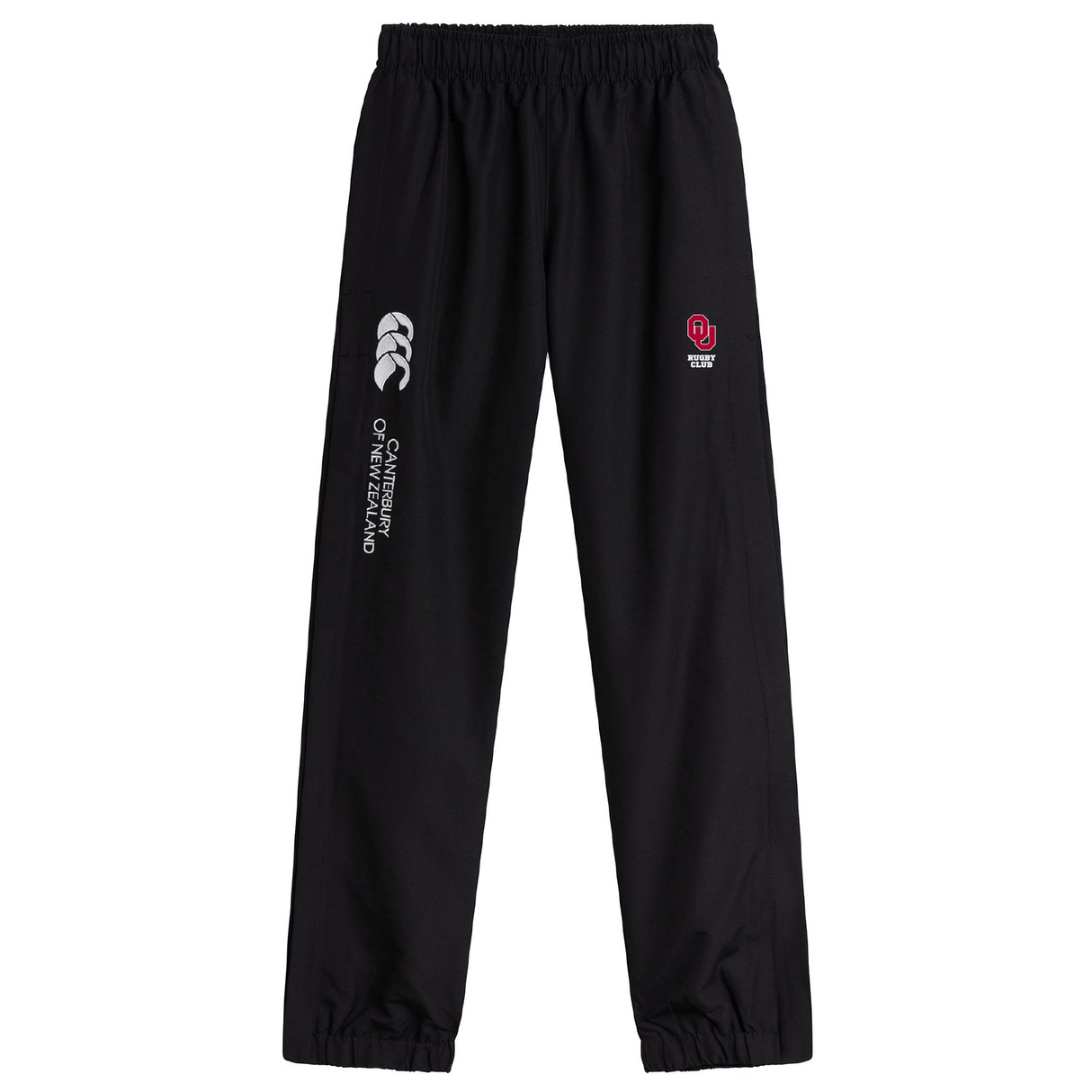 The University of Oklahoma Women Cuffed Hem Stadium Pant by Canterbury, featuring "OU Rugby" and "Canterbury of New Zealand" logos, offers style and comfort with its elastic waistband. These black pants are an essential for rugby enthusiasts on or off the field. Brand: EMB Canterbury.